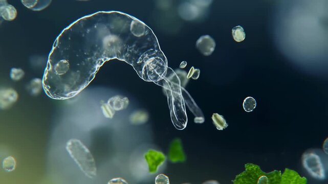 Microscopic single celled organism swimming through water with green algae particles