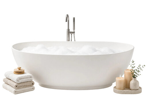 Modern Freestanding Bathtub with Foam, Towels and Candles