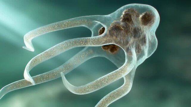 Microscopic single celled organism swimming with transparent body with organism moving gracefully