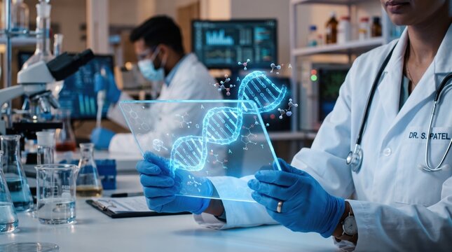 Scientist doctor holding futuristic hologram DNA molecule in laboratory, medical research genetics biotechnology concept, healthcare innovation and science analysis
