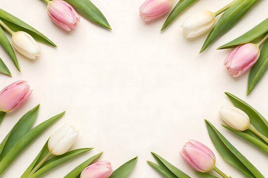 Elegant flat lay of graceful pink and white tulips forming a circular frame on a beige background