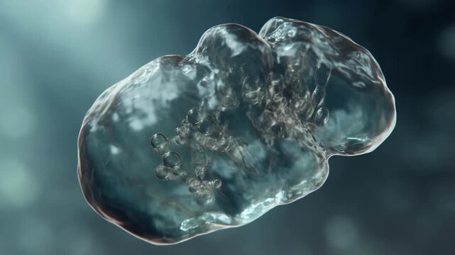 Microscopic single celled organism swimming through translucent watery depths in slow motion