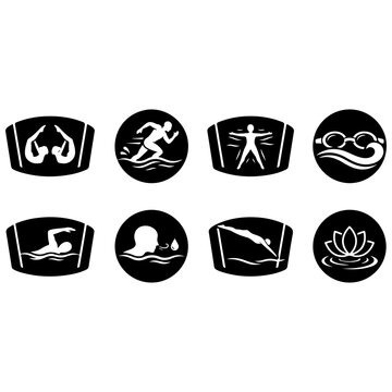 Swimming pool signs and water sports badges set featuring white icons of synchronized swimming, water jogging, freestyle crawl, high diving, goggles, and lotus flower isolated on black badges