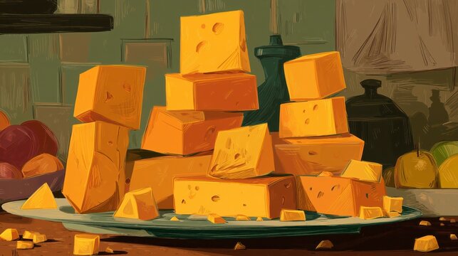 "Variety of cheese blocks stacked on rustic plate with crumbles and fresh fruits in kitchen"