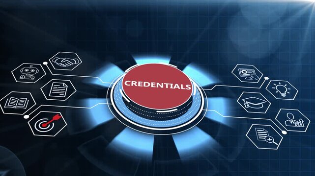 User credentials verification and biometric security interface system with a glowing 3D control dial on a dark futuristic digital technology background template