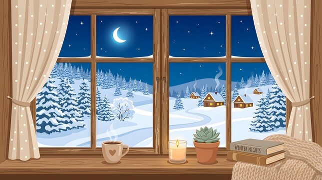 Winter windowsill view, snowy night landscape with cabin, and cozy indoor scene vector illustration