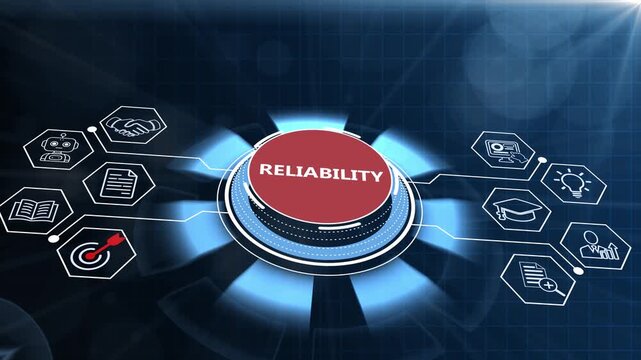 System reliability and network infrastructure quality assurance screen featuring a glowing 3D cyber dial button and optimization nodes on a dark tech backdrop