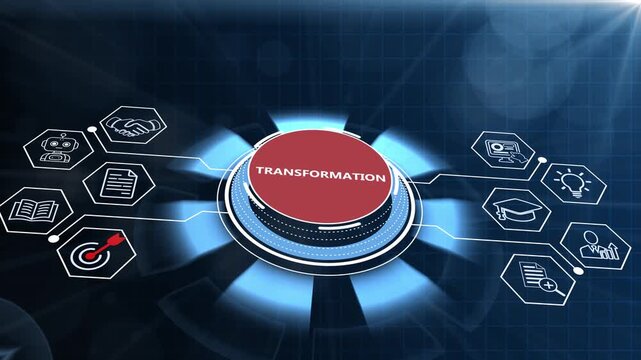 Futuristic digital transformation and smart corporate automation interface display with glowing 3D control dial button and technology network nodes over a dark background