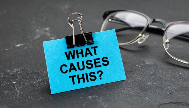 What Causes This Inquiry Artwork Blue Card Bold Typography Eyeglasses Dark Background Thought Provoking Educational Discussion Design Inspiration