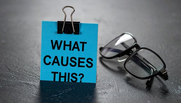 What Causes This Inquiry Artwork Blue Card Bold Typography Eyeglasses Dark Background Thought Provoking Educational Discussion Design Inspiration