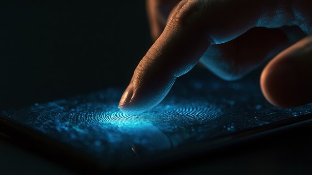 Fingerprint icon illuminates in a cool blue light on a dark glass mobile screen as someone performs a secure biometric scan for personal privacy.