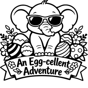 A smiling elephant with sunglasses anchors this Easter design with eggs and a humorous slogan. Suitable for seasonal merchandise, posters and social media.