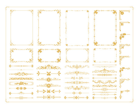 Vintage gold border ornaments with ornate floral flourishes and classical decorative frames.