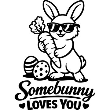 Cute Easter bunny in sunglasses holds a carrot beside decorated eggs and hearts. Great for Easter cards, shirts, posters, packaging, and social media