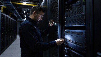 Fototapeta premium Male Technician Inspecting Server Rack With Flashlight In Data Center
