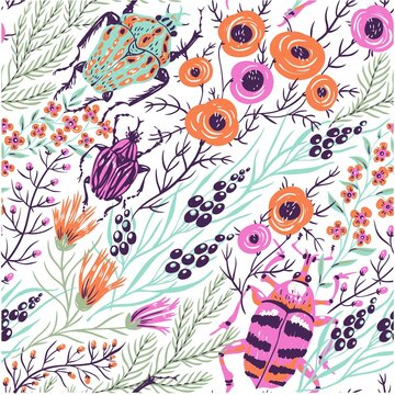  Seamless pattern of colorful beetles and vibrant wild flowers vector illustration