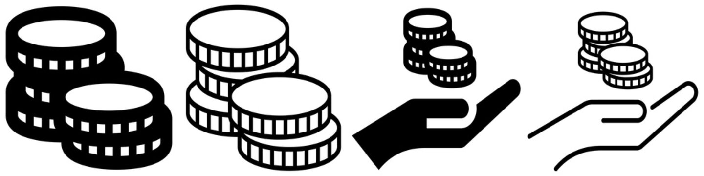 Set of coin stack icons and hand holding coins in black silhouette and outline style, isolated on white. Flat vector design for finance, savings, and money concepts.