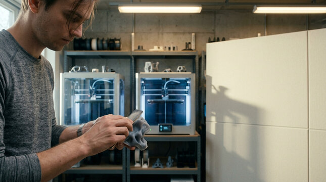 Man inspecting 3D printed object next to modern 3D printers in workshop
