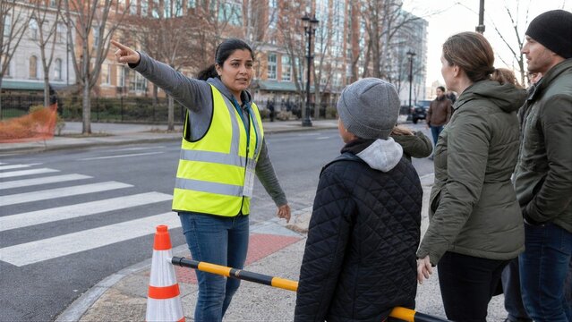 Female Crossing Guard Directing Pedestrians at Urban Crosswalk
