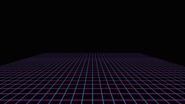 Grid surface with neon purple and blue lines on a black background, suggesting a digital or virtual futuristic landscape with empty space above.