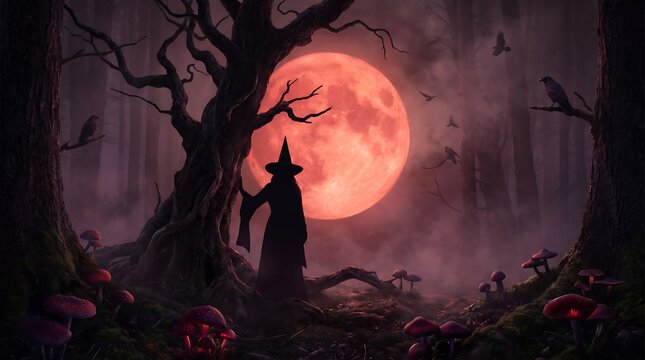 A mysterious witch silhouette standing in a dark forest under a large glowing red halloween moon