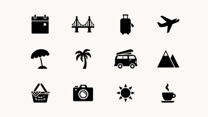 Modern black flat icons set with showcases minimalist collection twelve bold black icons representing travel lifestyle themes clean lines contemporary aesthetic © Shovon