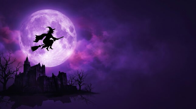 Silhouette of a witch flying on a broomstick against a bright purple full moon halloween background