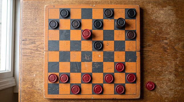 Top view of a wooden checkers board game with dark and red round pieces on a textured table