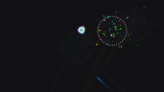 Vibrant digital fireworks exploding in dark sky creating dynamic motion animation for festive holiday celebration video