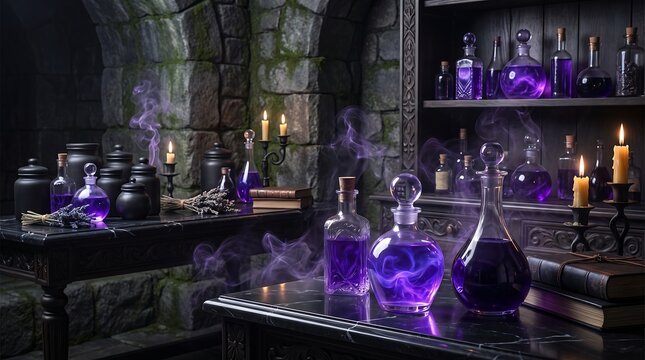 Mysterious halloween potion bottles glowing with purple magic smoke inside a dark ancient stone dungeon laboratory