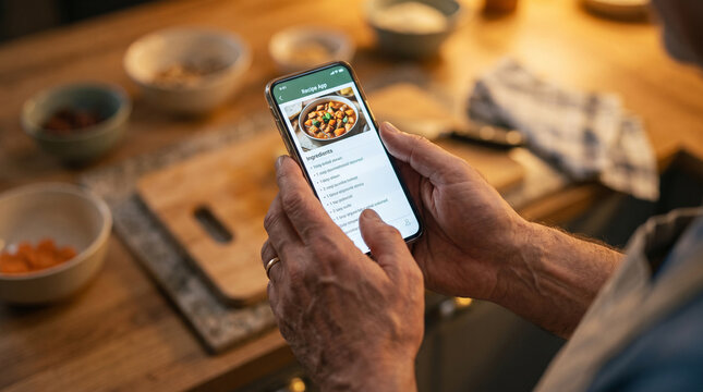 Man holding smartphone with recipe app in kitchen while preparing food, close-up of hands scrolling digital ingredients list on mobile screen, warm cozy lighting, meal prep concept.