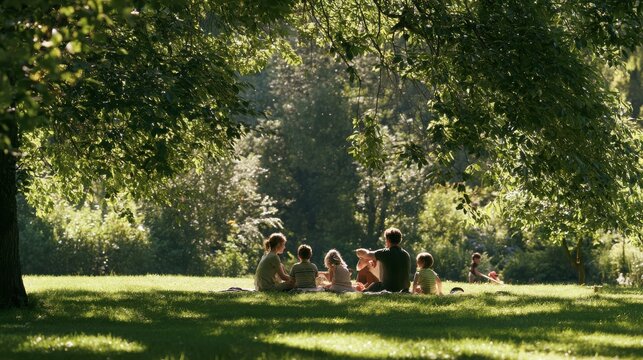 Family gathering enjoys a peaceful afternoon picnic under the lush green canopy of a sun-drenched park, surrounded by dappled light and the soft textures of fresh grass and rustling summer leaves.