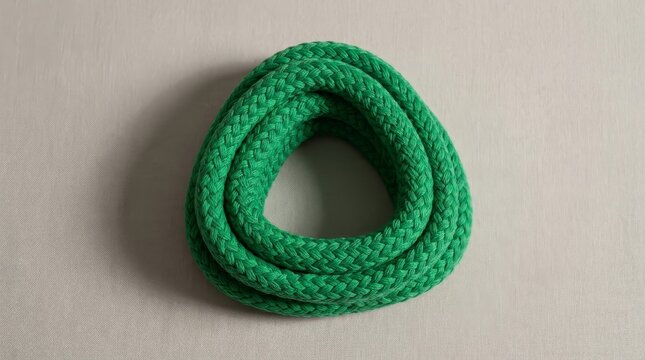 Green Braided Nylon Rope Coiled on Neutral Background