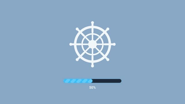 Animation sequence of a ship's wheel and a blue progress bar, showing gradual loading progress.