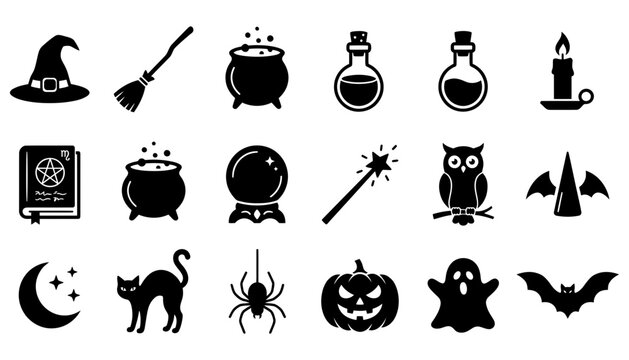 Witchcraft and halloween themed silhouette icon set featuring cauldron potion bottles and magic symbols halloween silhouette cauldron pentagram celebration mysterious isolated