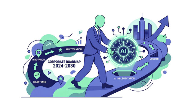 A businessman navigates a corporate roadmap for AI integration and growth from 2024 to 2030, symbolizing strategic technological advancement.