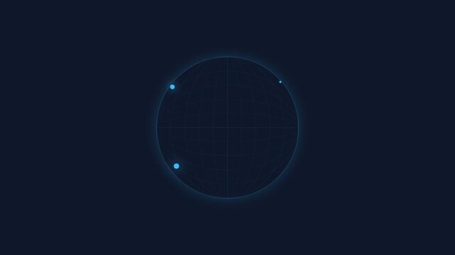 Glowing blue circular graphic with grid lines and two small dots on a dark background, resembling a digital interface or radar screen.