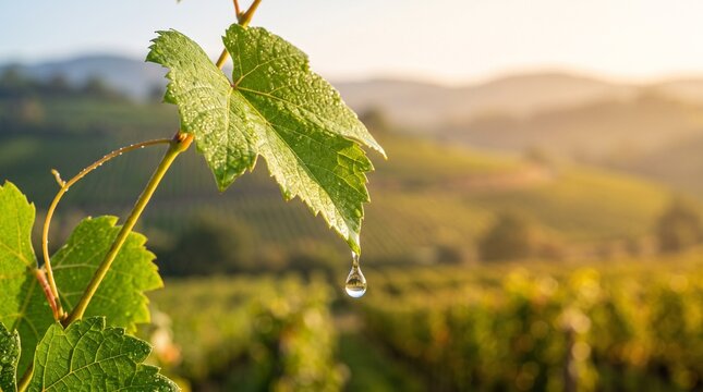 Fresh green grapevine leaf with morning dew drop in a sunny vineyard