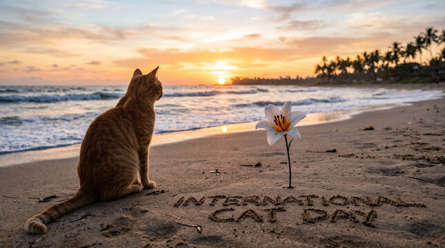 International Cat Day celebration with an orange tabby cat sitting on a sandy beach looking at a tropical sunset with a white lily flower and text written in the sand
