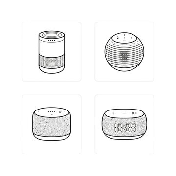 Smart speaker icons set depicting modern voice assistant devices equipment.