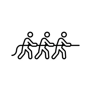 Three people pulling rope black line icon symbolizing joint team effort.