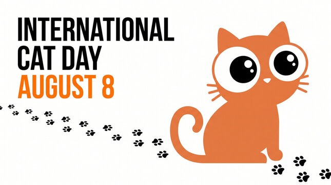 International Cat Day banner with cute orange cartoon cat and paw prints on white background for August 8 celebration.