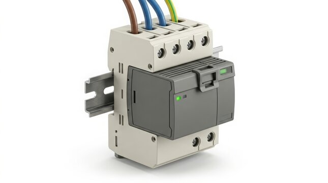 Circuit breaker component features intricate metallic textures and colorful electrical wiring mounted on a standard industrial rail to ensure efficient power distribution and safety control.