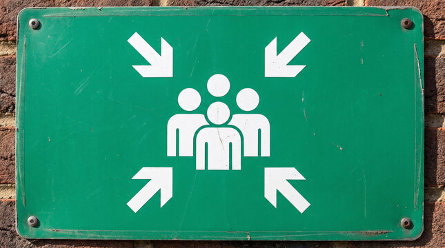Emergency assembly point sign with white human icons and arrows on a green metal background