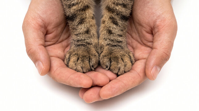 Cat paws in human hands, close up of person holding tabby cat paws on white background. Concept of pet care, animal love, trust, and veterinary friendship.