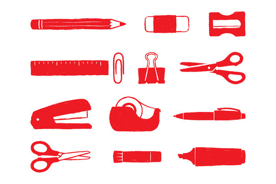 Set of red office stationery and school supplies icons as cut out PNG
