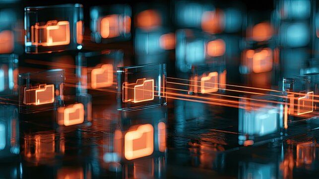 Abstract glowing digital folders connected by light streams