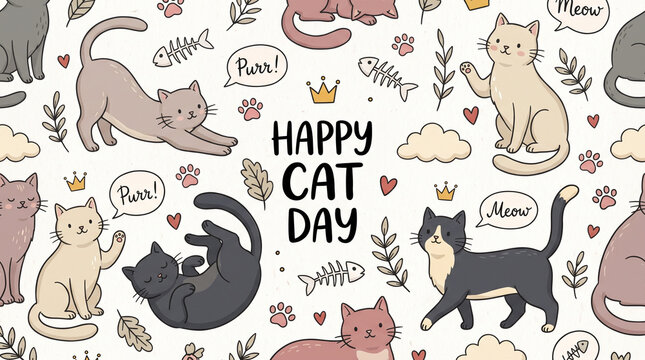 Happy Cat Day banner with cute cartoon cats, hand-drawn doodle vector illustration of kitten characters, paw prints, and speech bubbles on white background.