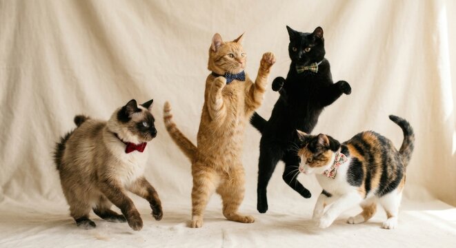 Four Cats Wearing Bowties Dancing Joyfully