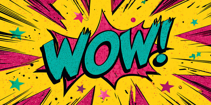 Comic book style wow text burst with halftone dots and star shaped accents on yellow